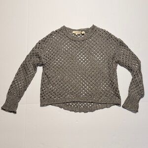 INHABIT 100% Linen Open Knit Fishnet Mesh Gray Pullover Oversized Sweater Boho S